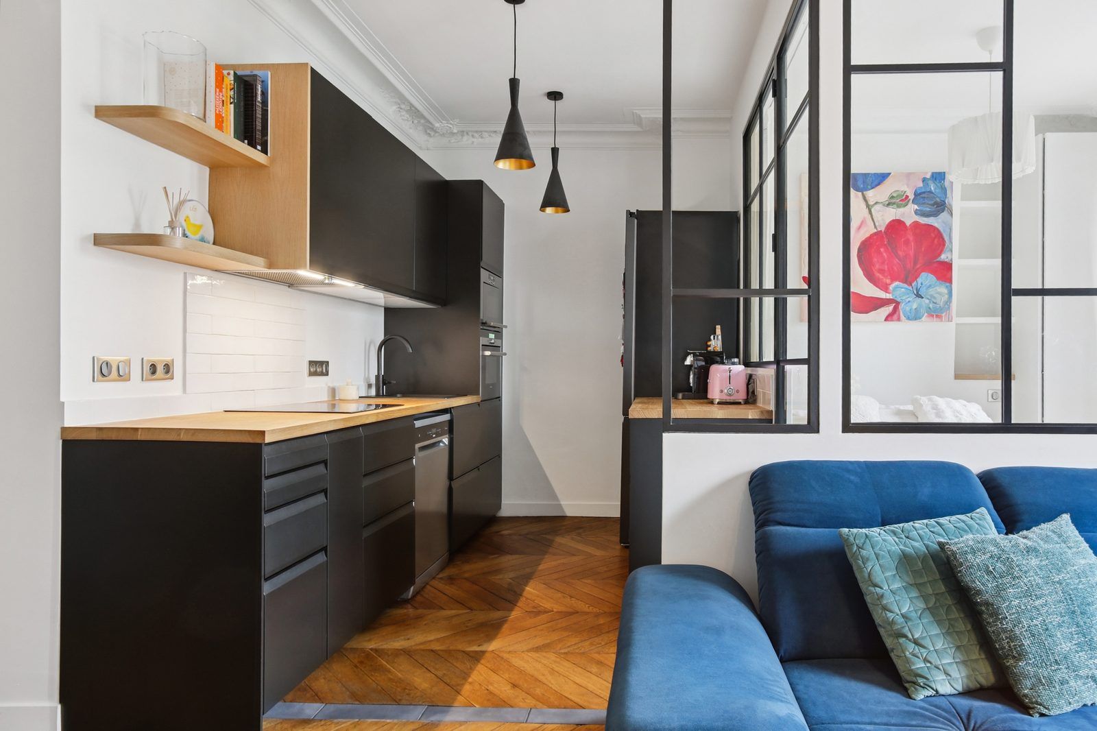 Après travaux : cuisine et verrière, Chambre dans séjour 30 m², Charenton-le-Pont