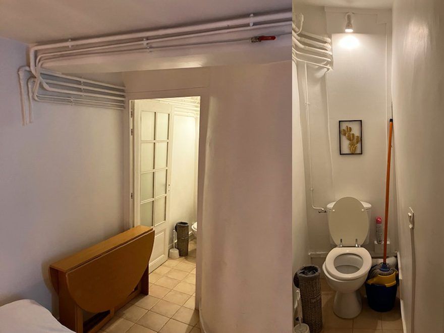 Avant travaux : salle de douche et séjour, Studio ultra optimisé 12 m², Paris 1er